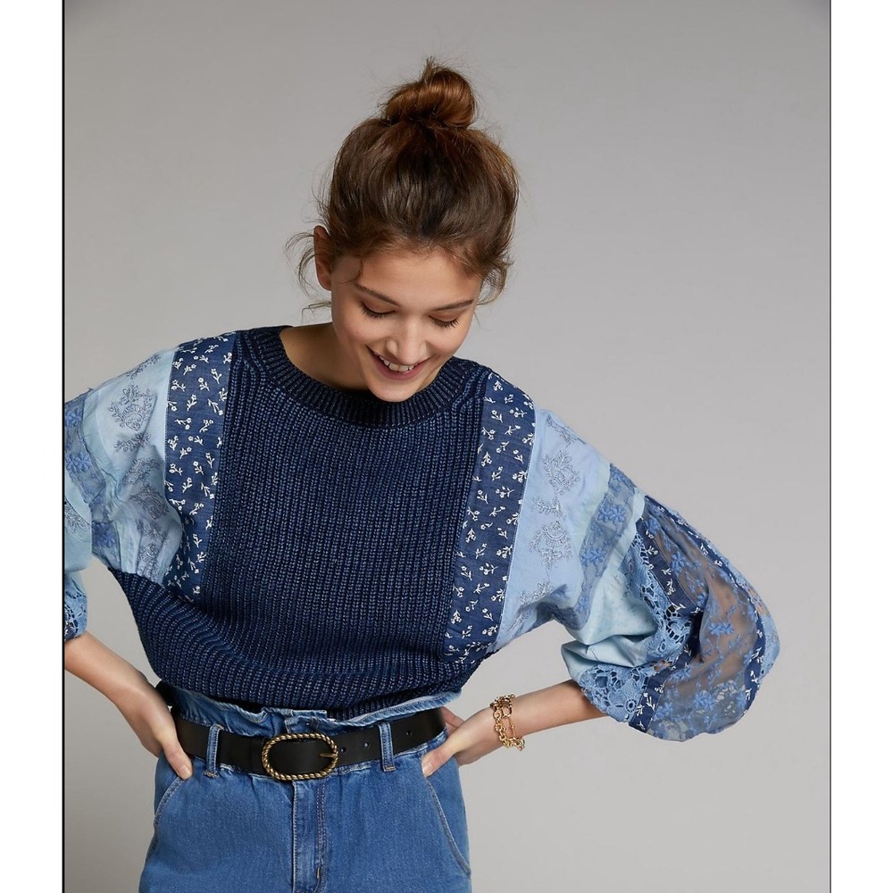 Pilcro (Anthro) Martine Sweater Size L Patchwork Balloon Sleeve Peasant Blue